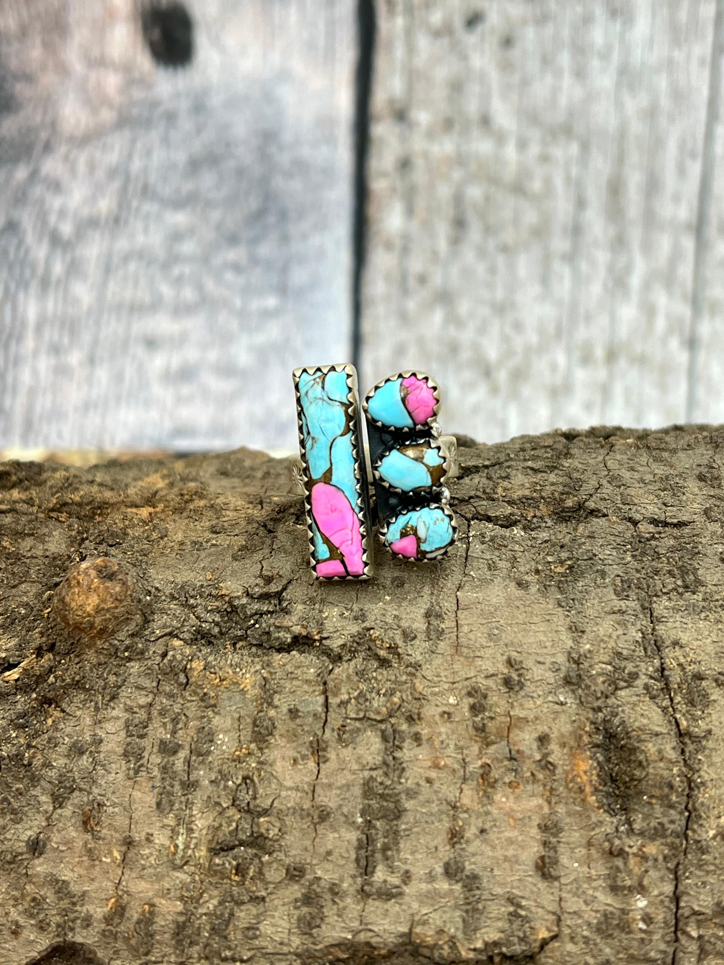 Handmade Sterling Silver Cotton Candy Turquoise Adjustable Rings with Signed Nizhoni