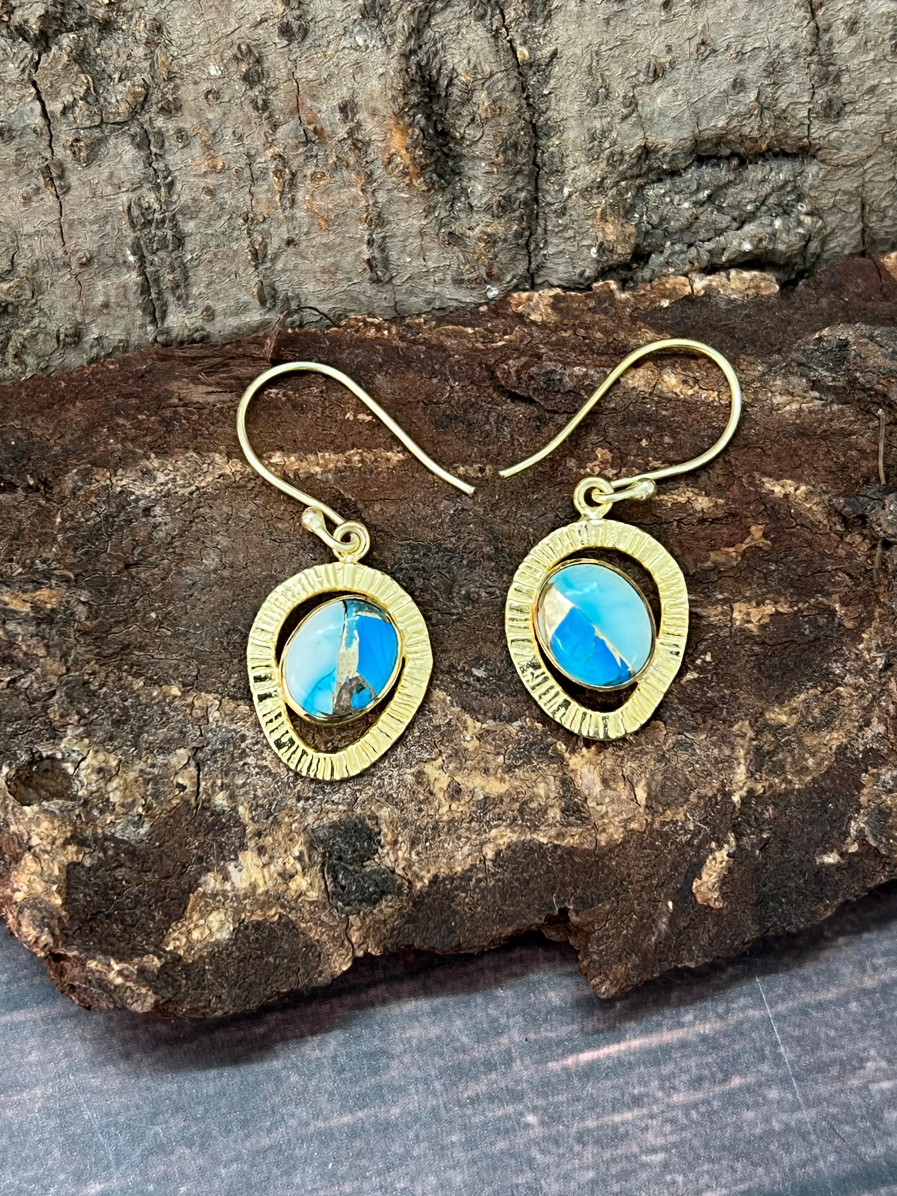 “The Golden Collection” Handmade Natural Blue Ice Dahlia Hook Dangle Earrings