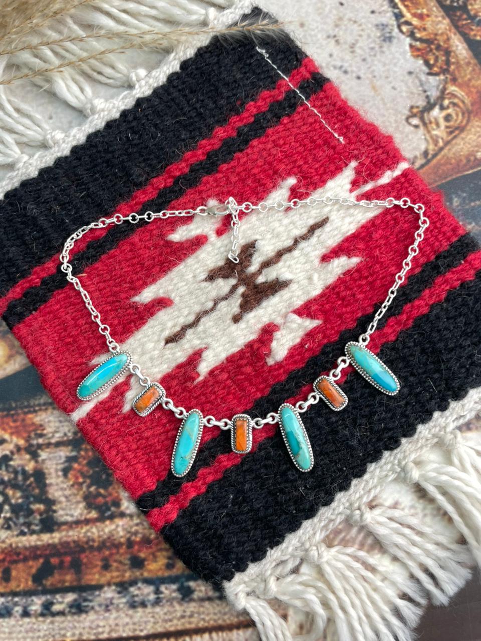 Handmade Sterling Silver Kingman with Orange Mojave Necklace "Signed Nizhoni"