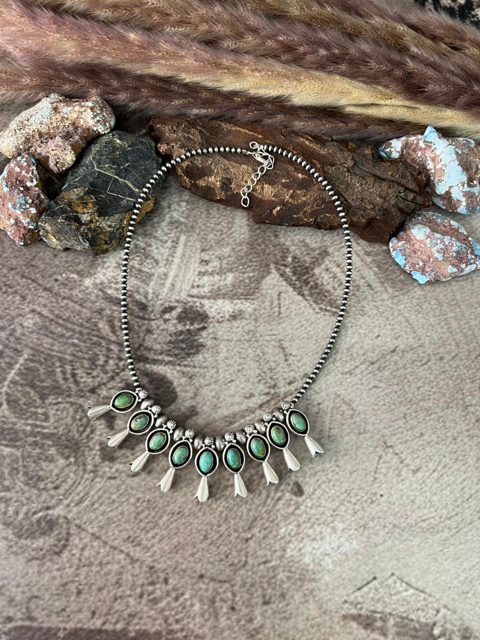 Handmade Sterling Silver Kingman Turquoise Beaded Necklace "Signed Nizhoni"
