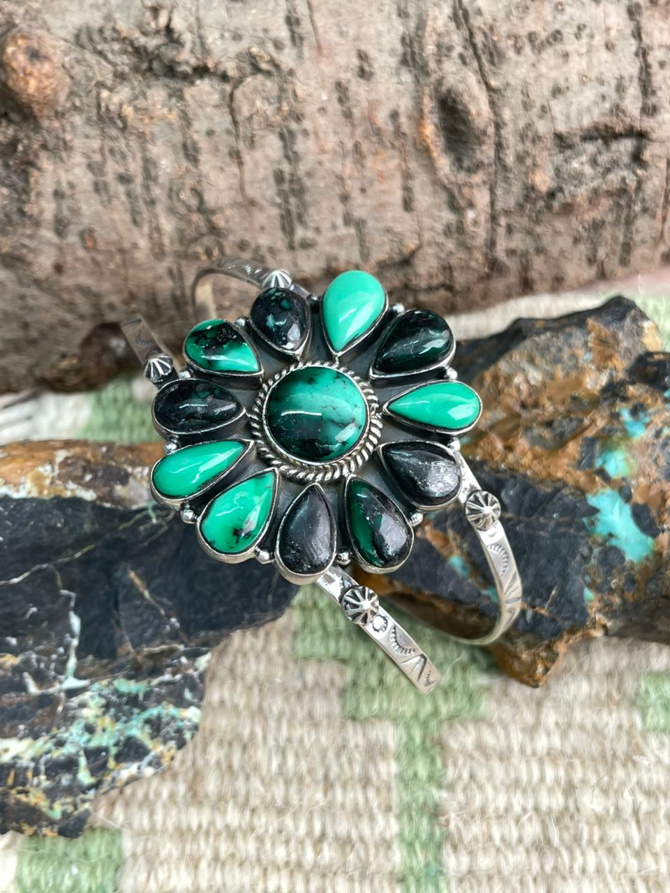 Handmade Sterling Silver Emerald Rose Cuff Bracelet "Signed Nizhoni"