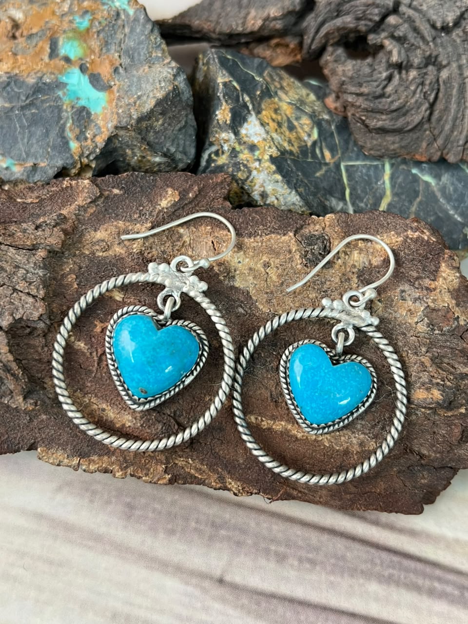 Handmade Sterling Silver Blue Kingman Turquoise Hook Dangle Heart Earrings Signed Nizhoni