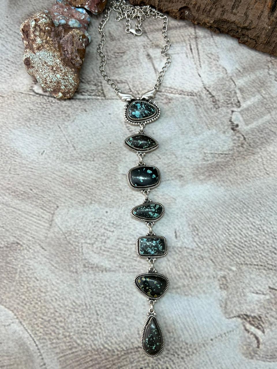 Handmade Sterling Silver Lander Turquoise Necklace with Signed Nizhoni