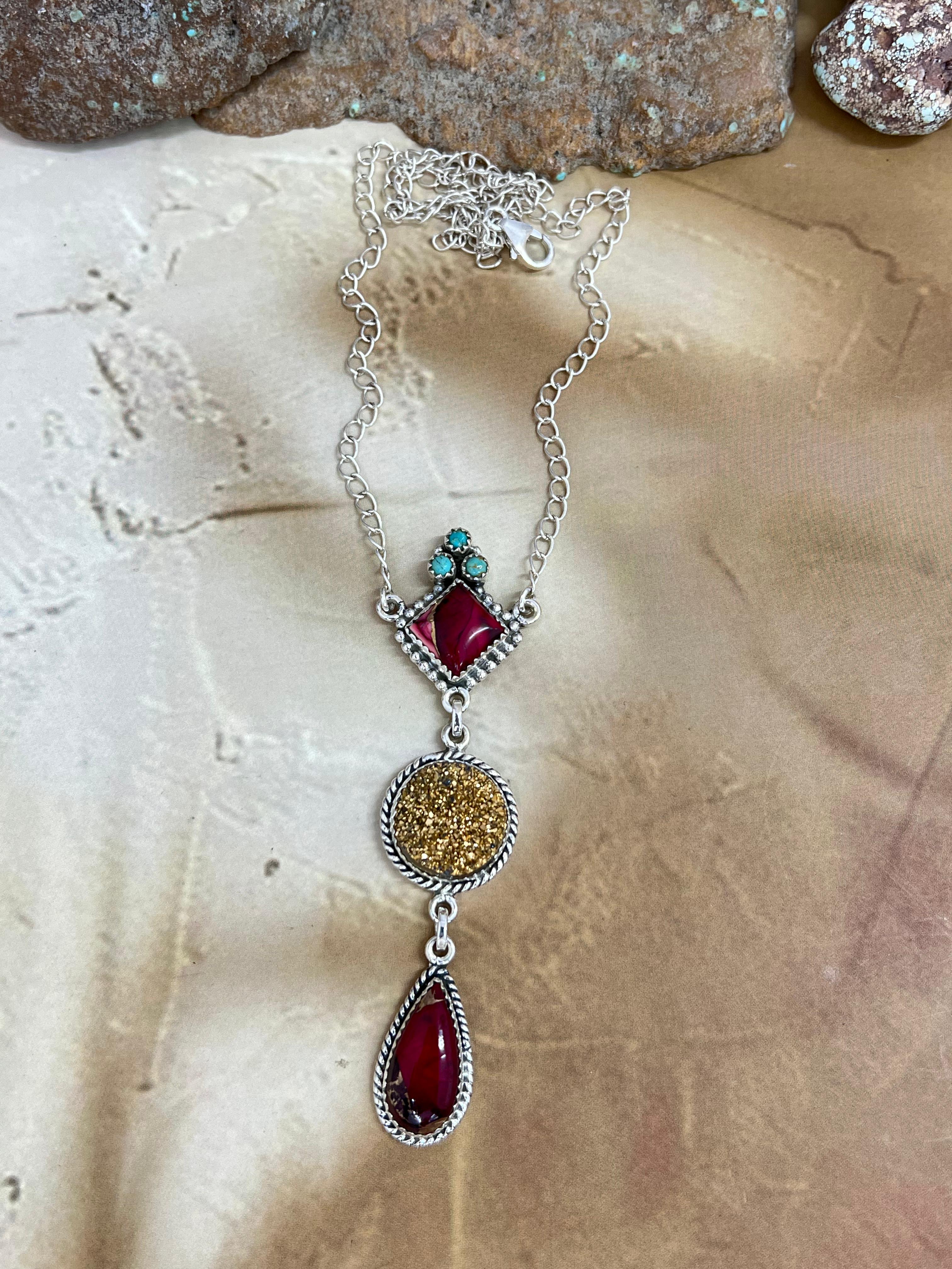 Handmade Sterling Silver Dahlia Rose with Druzy Necklace with Signed Nizhoni