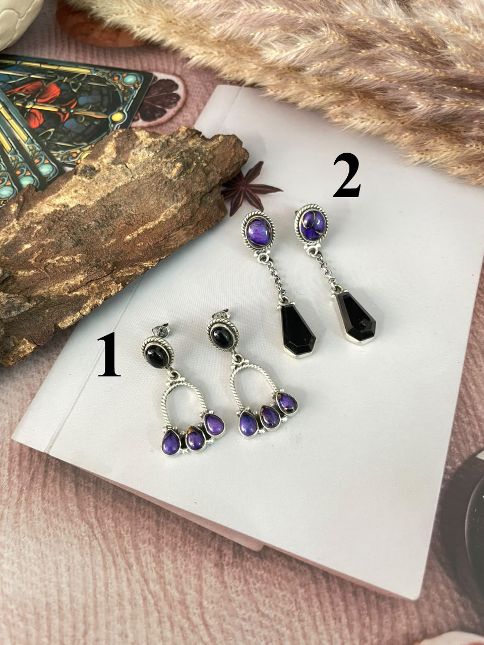 Handmade Sterling Silver Grape Dahlia with Black Onyx Halloween Collection: Post Dangle Earrings Signed Nizhoni
