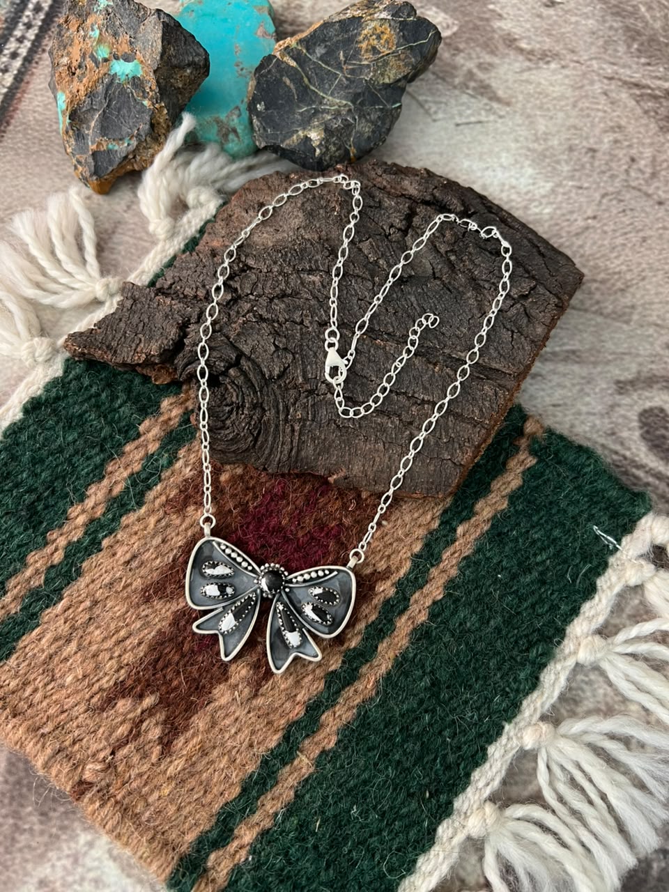Handmade Sterling Silver White Buffalo Bow Necklace Signed Nizhoni
