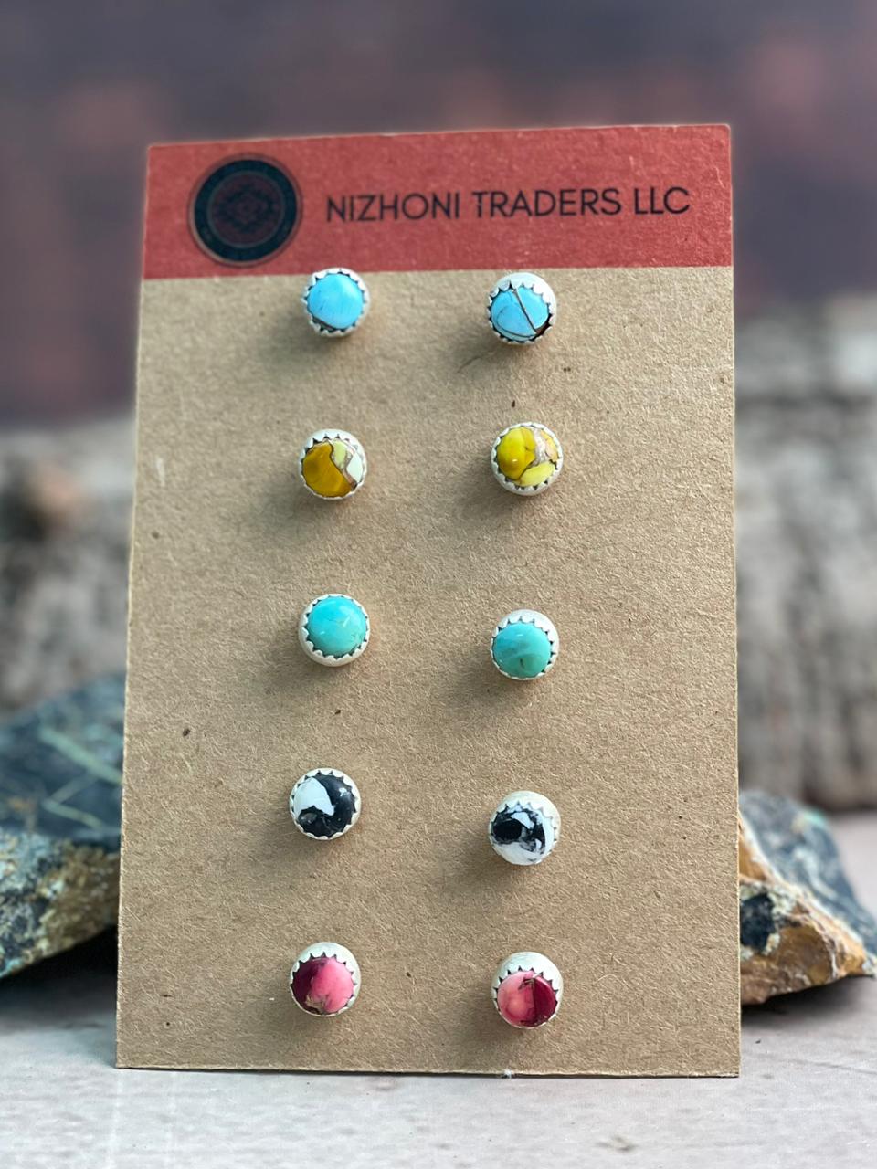 Handmade Sterling Silver Multi Stone Post Studs Earrings Set