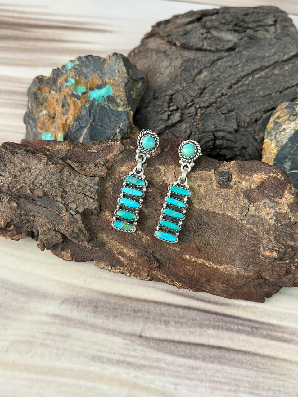 Handmade Sterling Silver Kingman Turquoise Post Dangle Earrings Signed Nizhoni