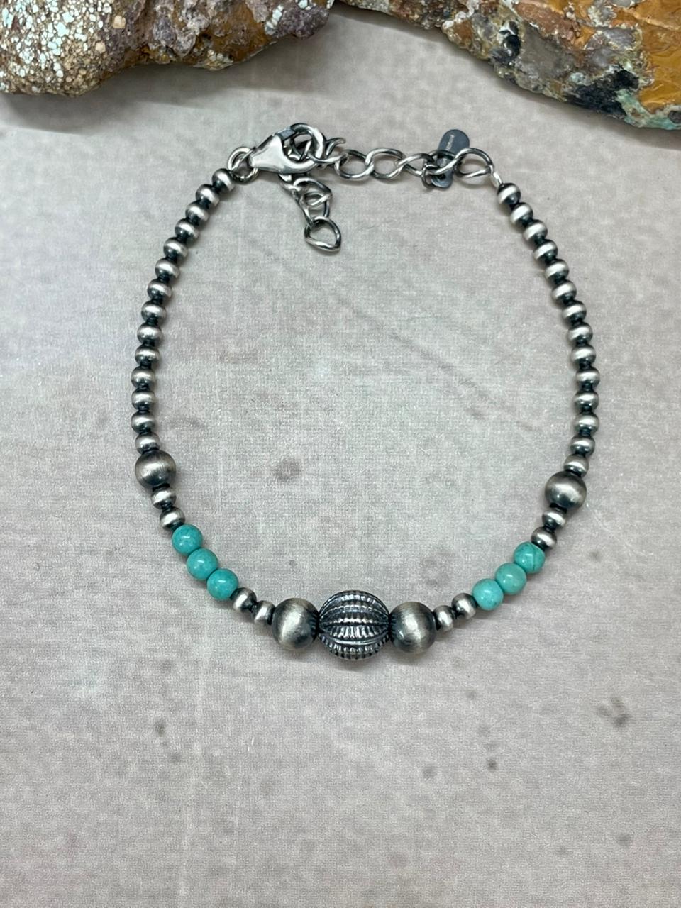 Handmade Sterling Silver Beaded Kingman Turquoise Chain Bracelet "Signed Nizhoni" (7)