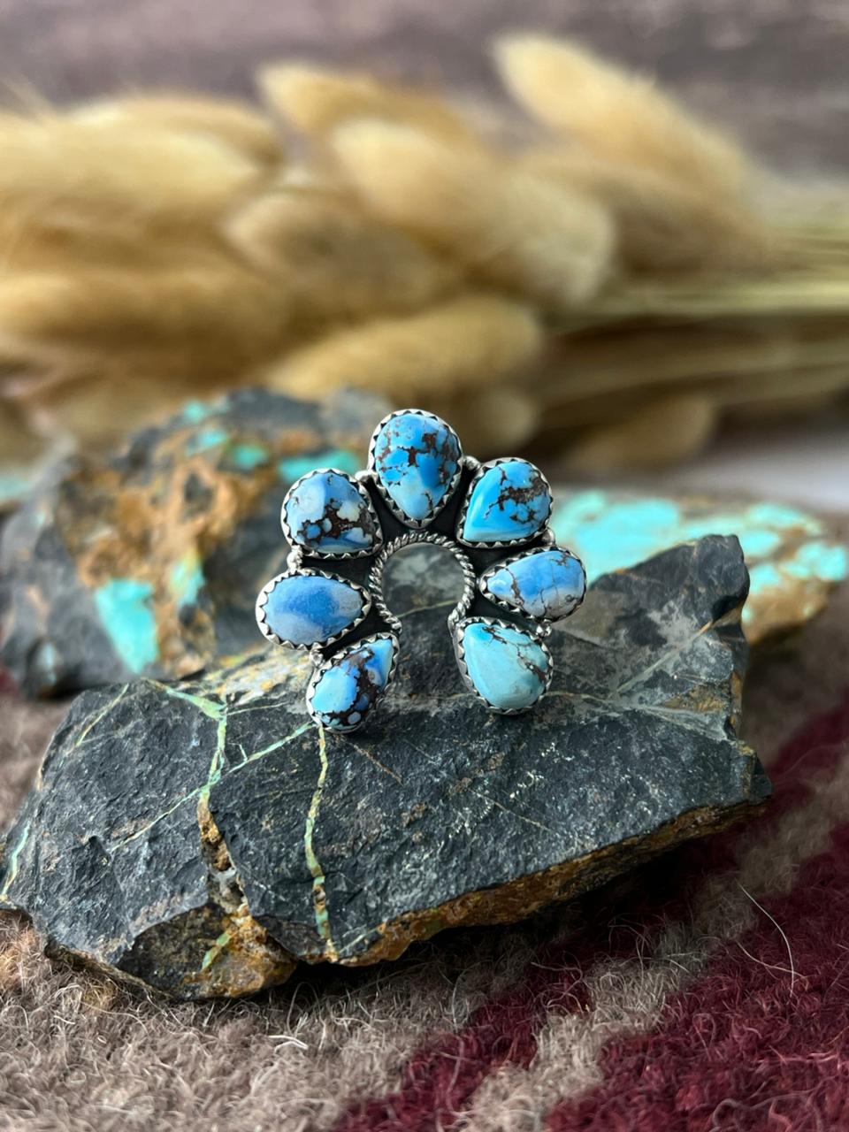 Handmade Sterling Silver Golden Hills Turquoise Adjusatble Ring "Signed Nizhoni"