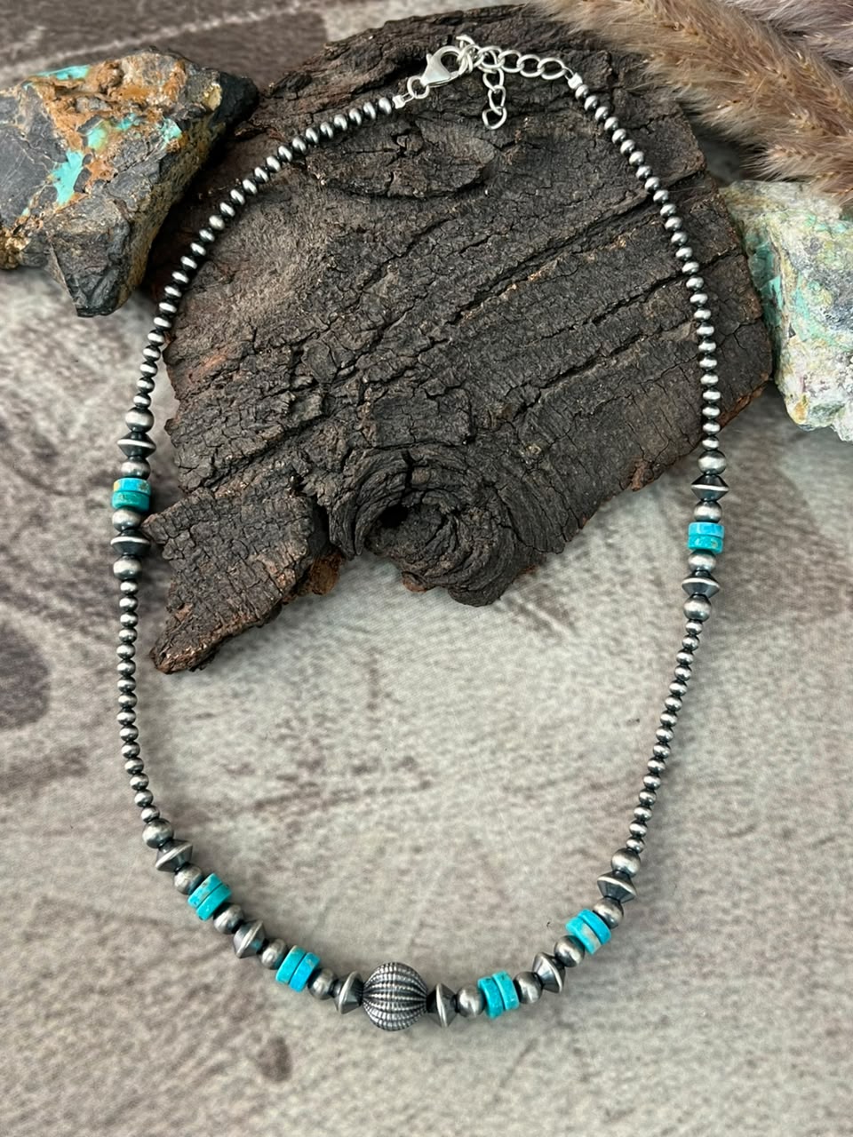 Handmade Sterling Silver Kingman Turquoise Beaded Necklace Signed Nizhoni