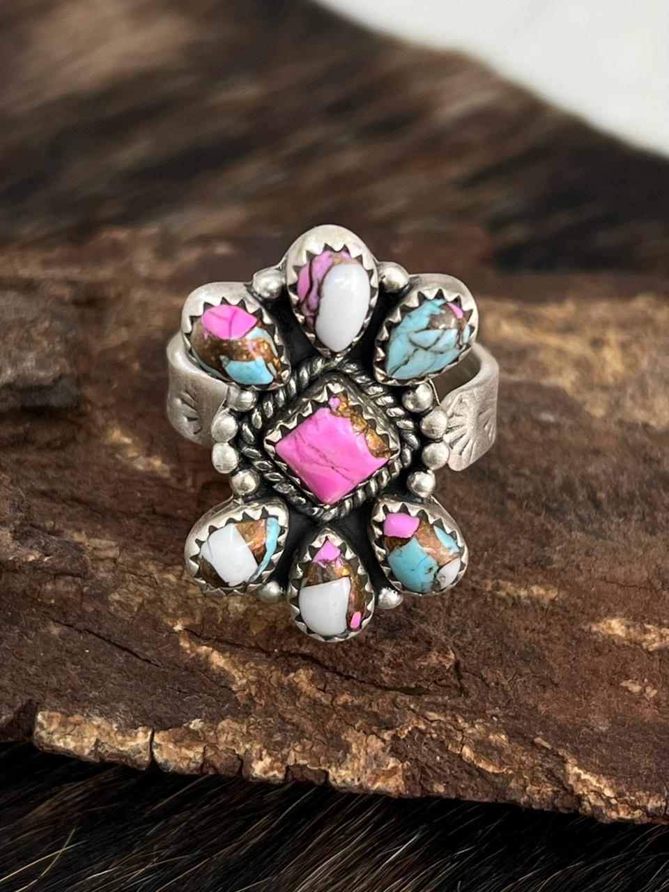 Handmade Sterling Silver Cotton Candy Turquoise Adjustable Ring "Signed Nizhoni"