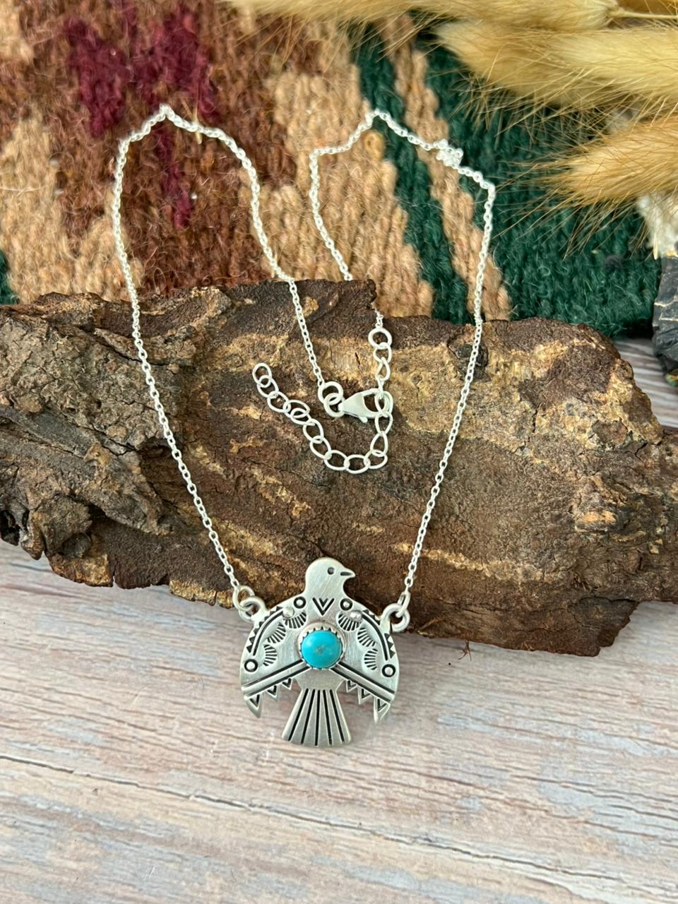 Handmade Sterling Silver Kingman Turquoise Thunder Bird Necklace "Signed Nizhoni"
