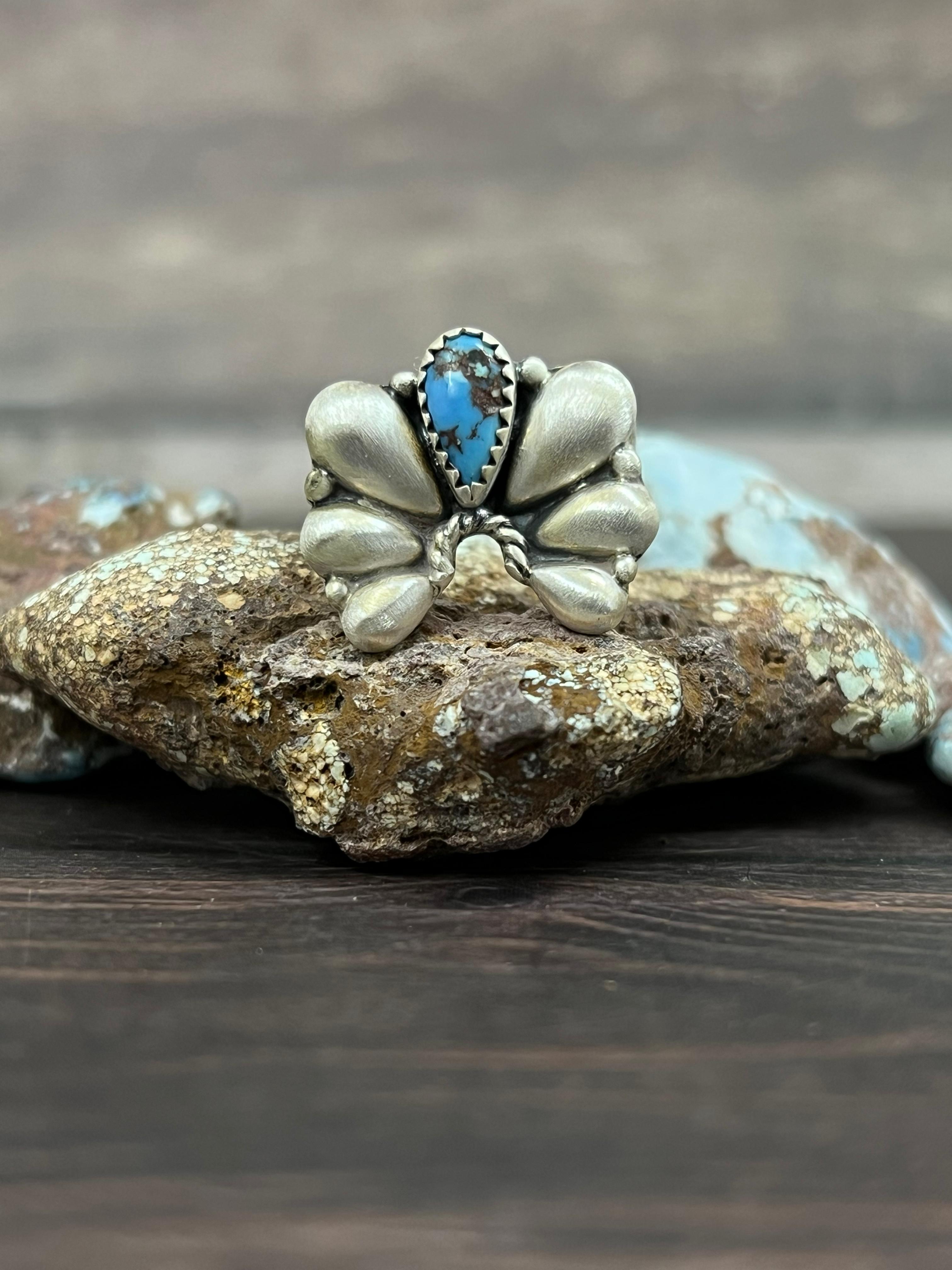 Handmade Sterling Silver with Golden Hills Turquoise Adjustable Ring With Signed Nizhoni