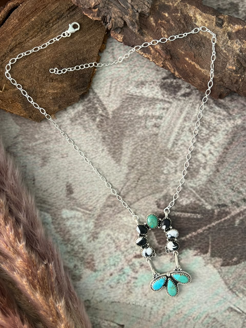 Handmade Sterling Silver Kingman Turquoise and White Buffalo Necklace Signed Nizhoni