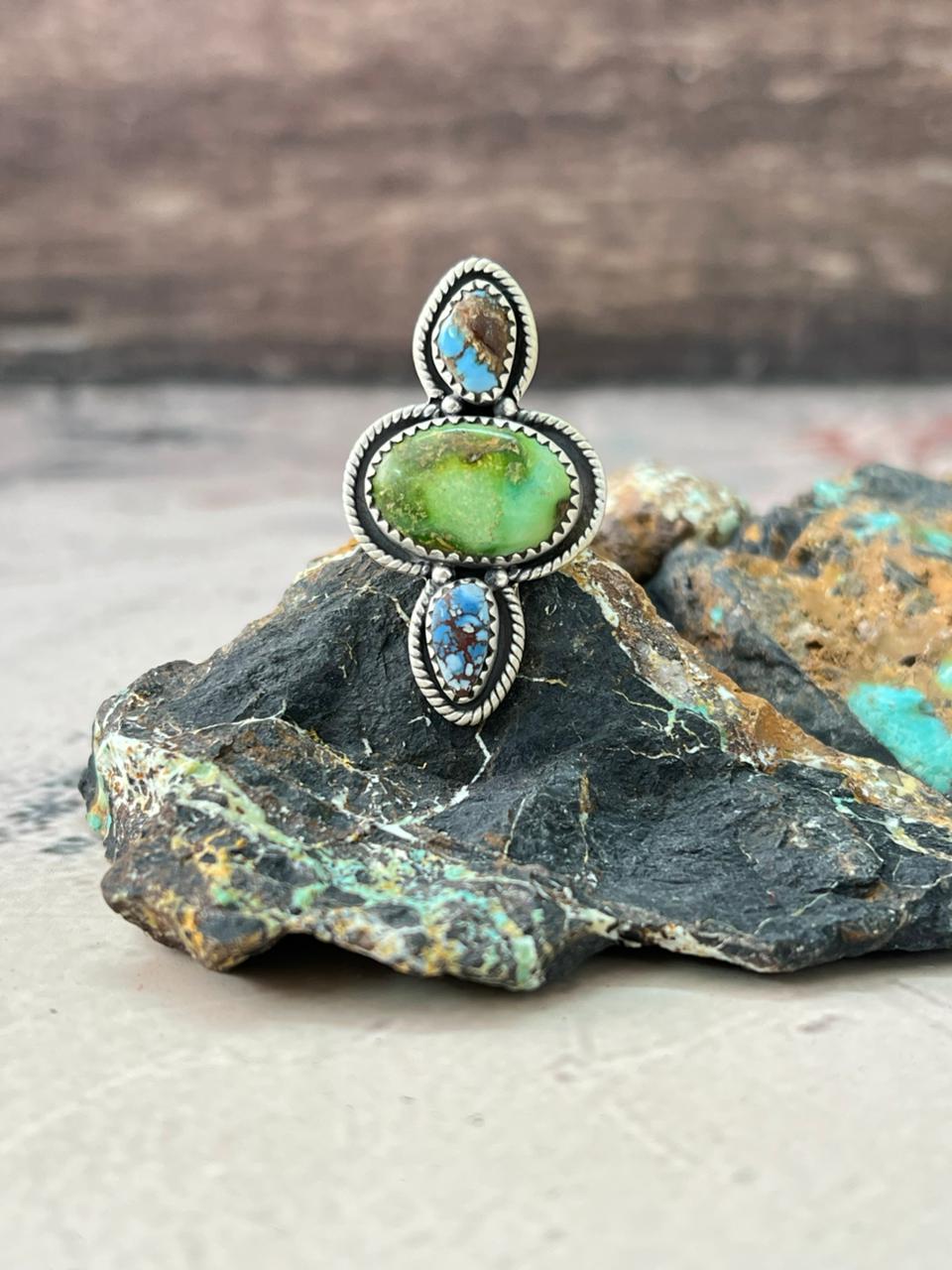 Handmade Sterling Silver Sonoran Mountain with Golden Hills Turquoise Adjustable Ring "Signed Nizhoni"
