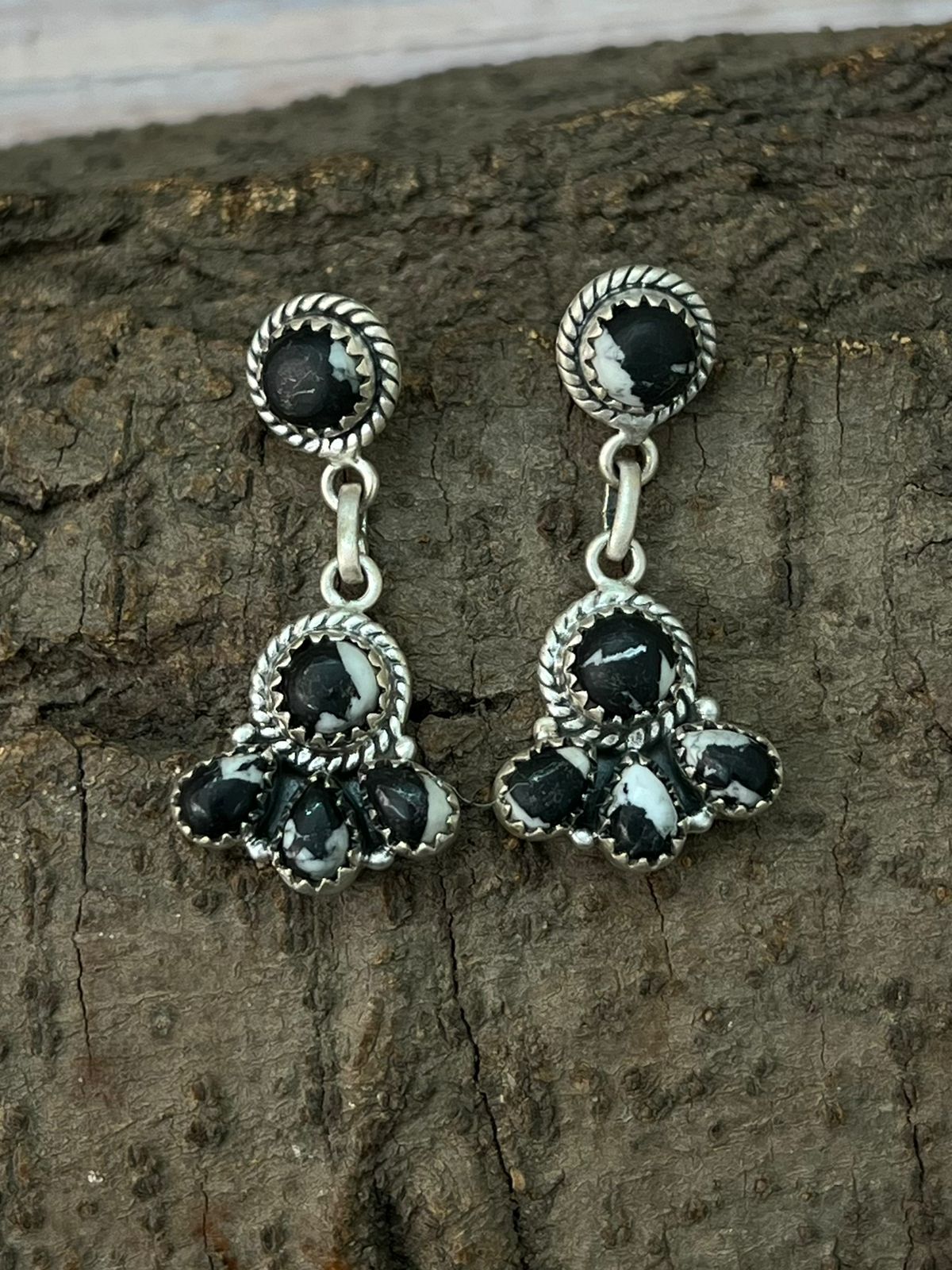 Handmade Sterling Silver White Buffalo Post Dangle Earrings "Signed Nizhoni"