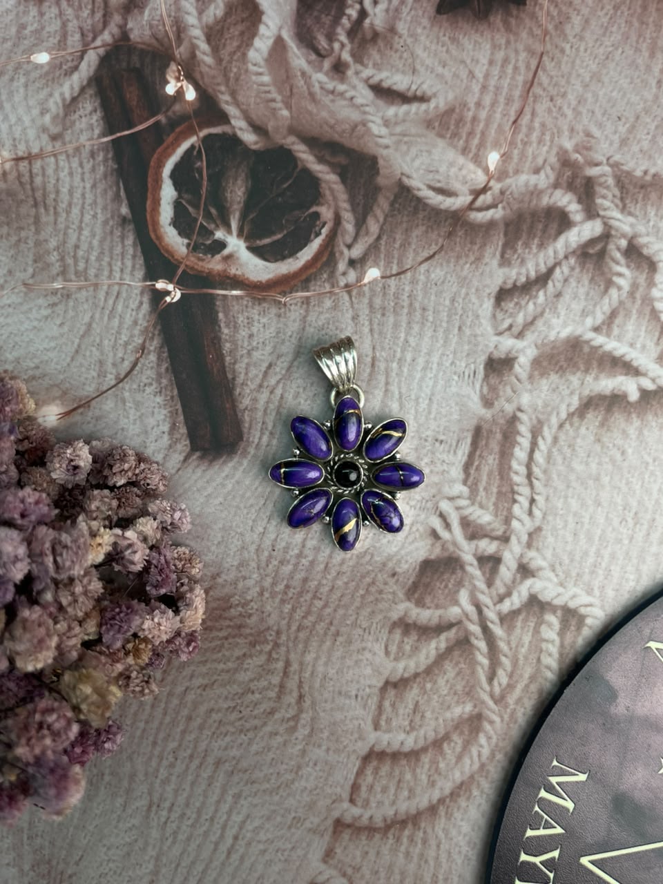 Handmade Sterling Silver Grape Dahlia with Black Onyx Halloween Collection: Pendant Signed Nizhoni