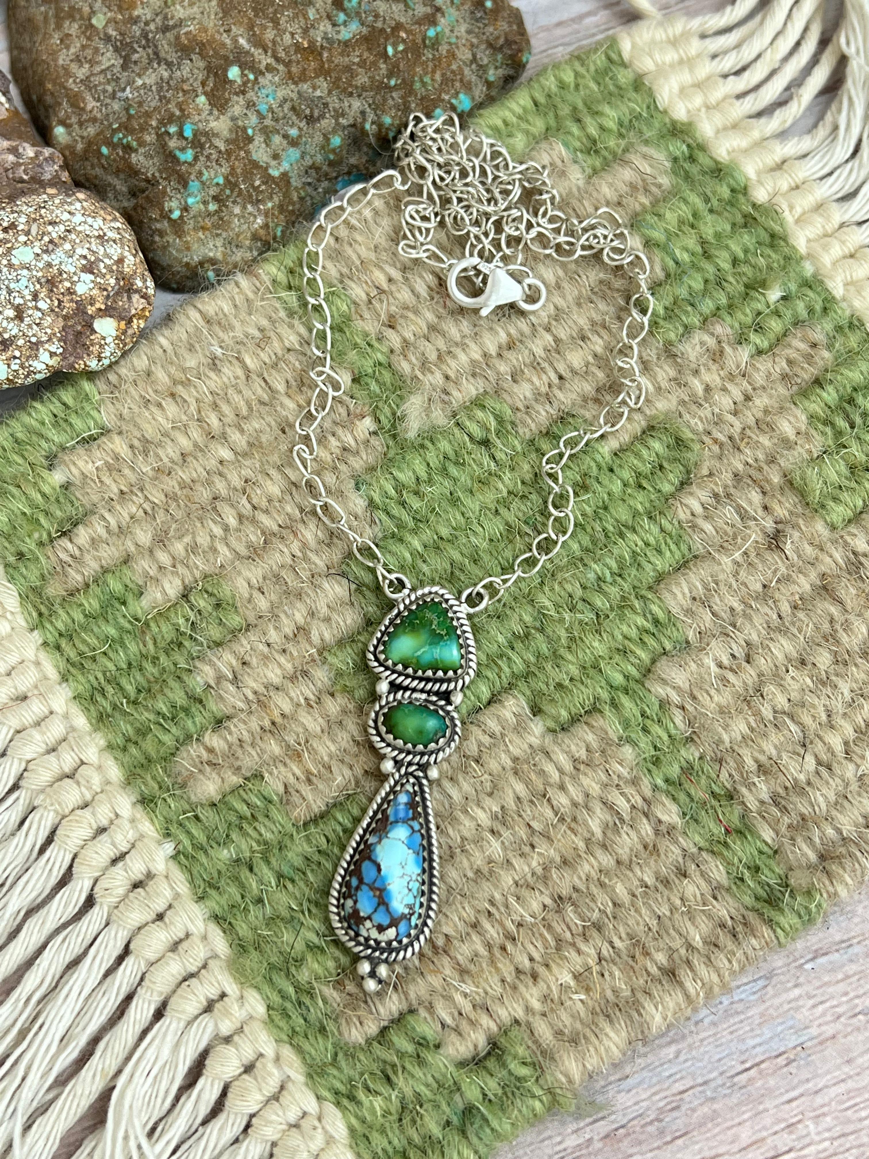 Handmade Sterling Silver Golden Hills Turquoise, Sonoran Mountain Turquoise Necklace with Signed Nizhoni