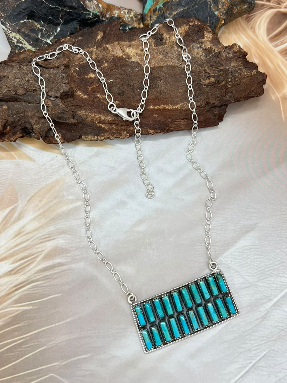 Handmade Sterling Silver Kingman Turquoise Bar Necklace Signed Nizhoni