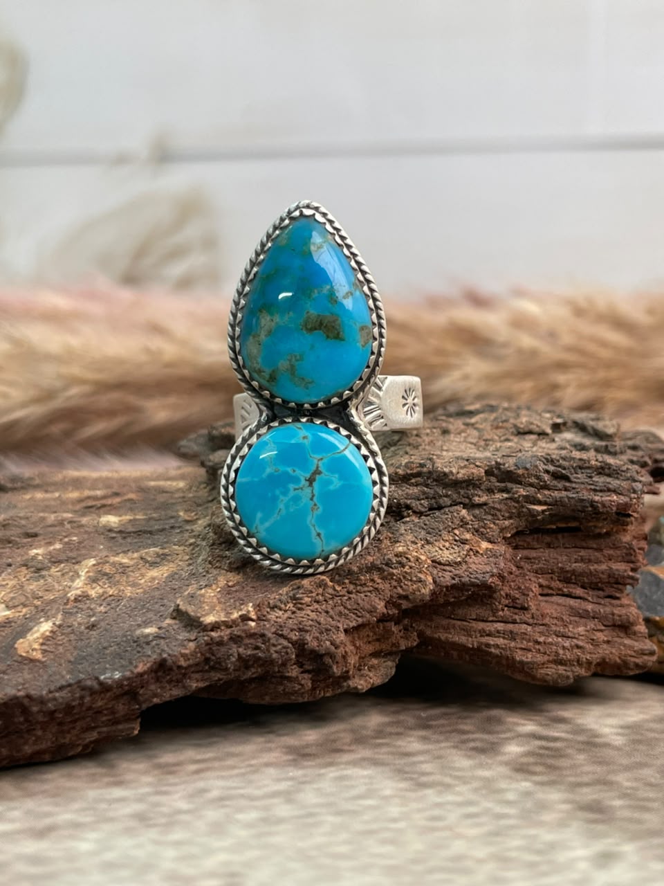 Handmade Sterling Silver Blue Kingman Turquoise Adjustable Ring Signed Nizhoni