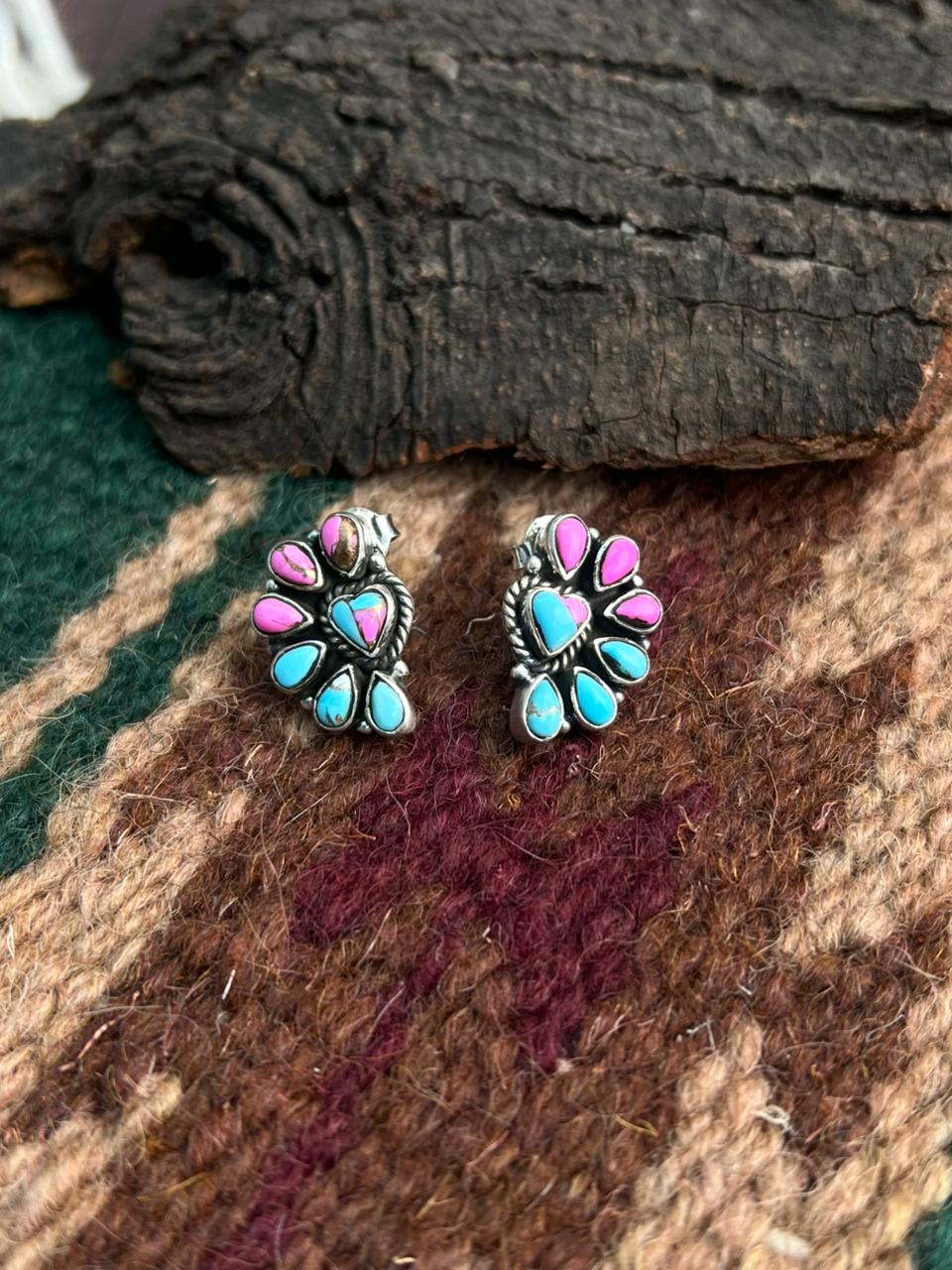 "Heart Collection" Handmade Sterling Silver Cotton Candy Post Studs Earrings "Signed Nizhoni"