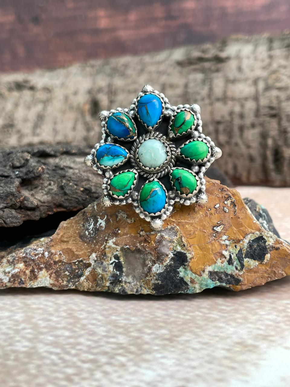 Handmade Sterling Silver Palomino with Peacock Dahlia Adjustable Ring "Signed Nizhoni"