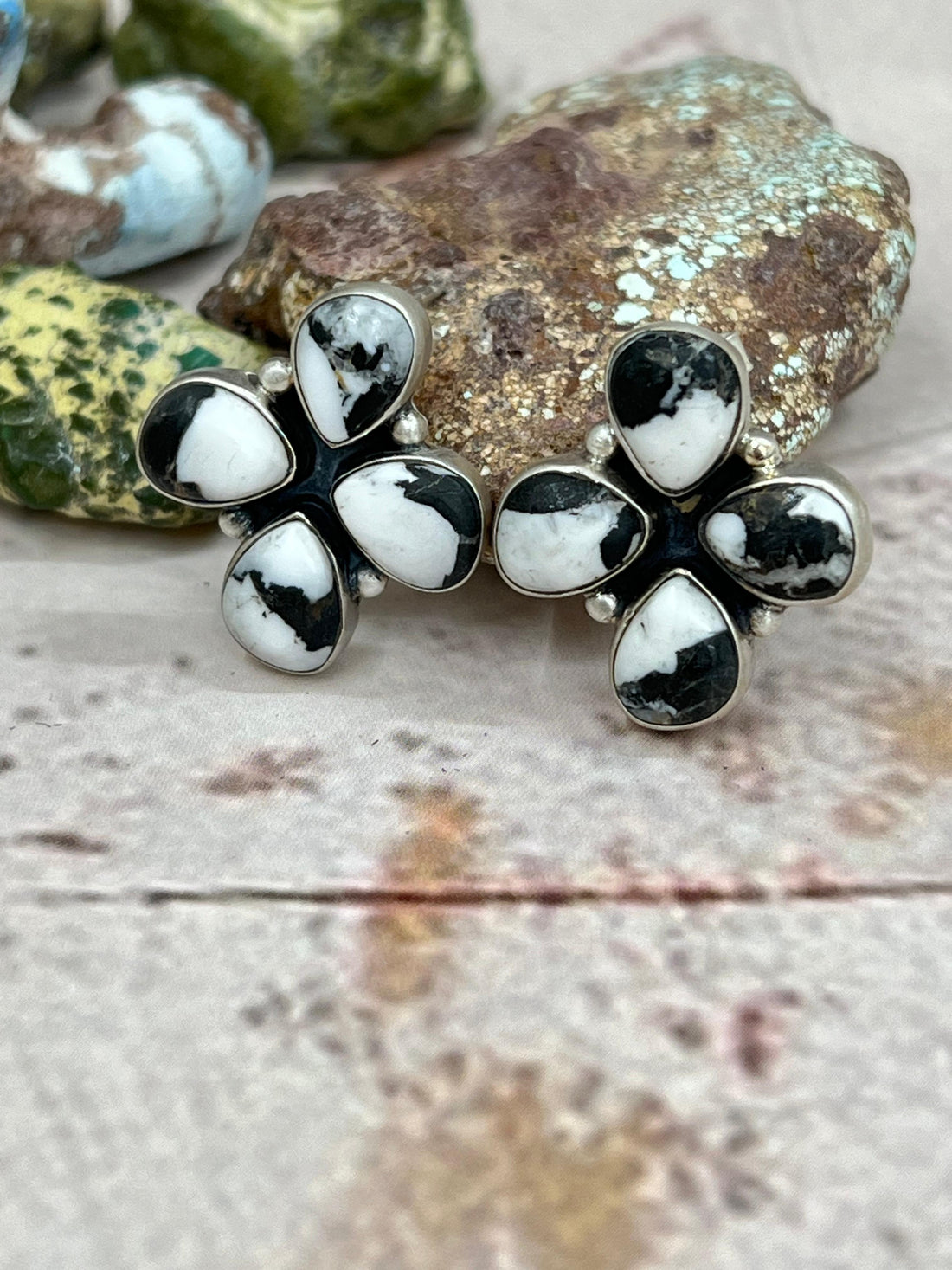 Handmade Sterling Silver White Buffalo Turquoise Earrings with Signed Nizhoni