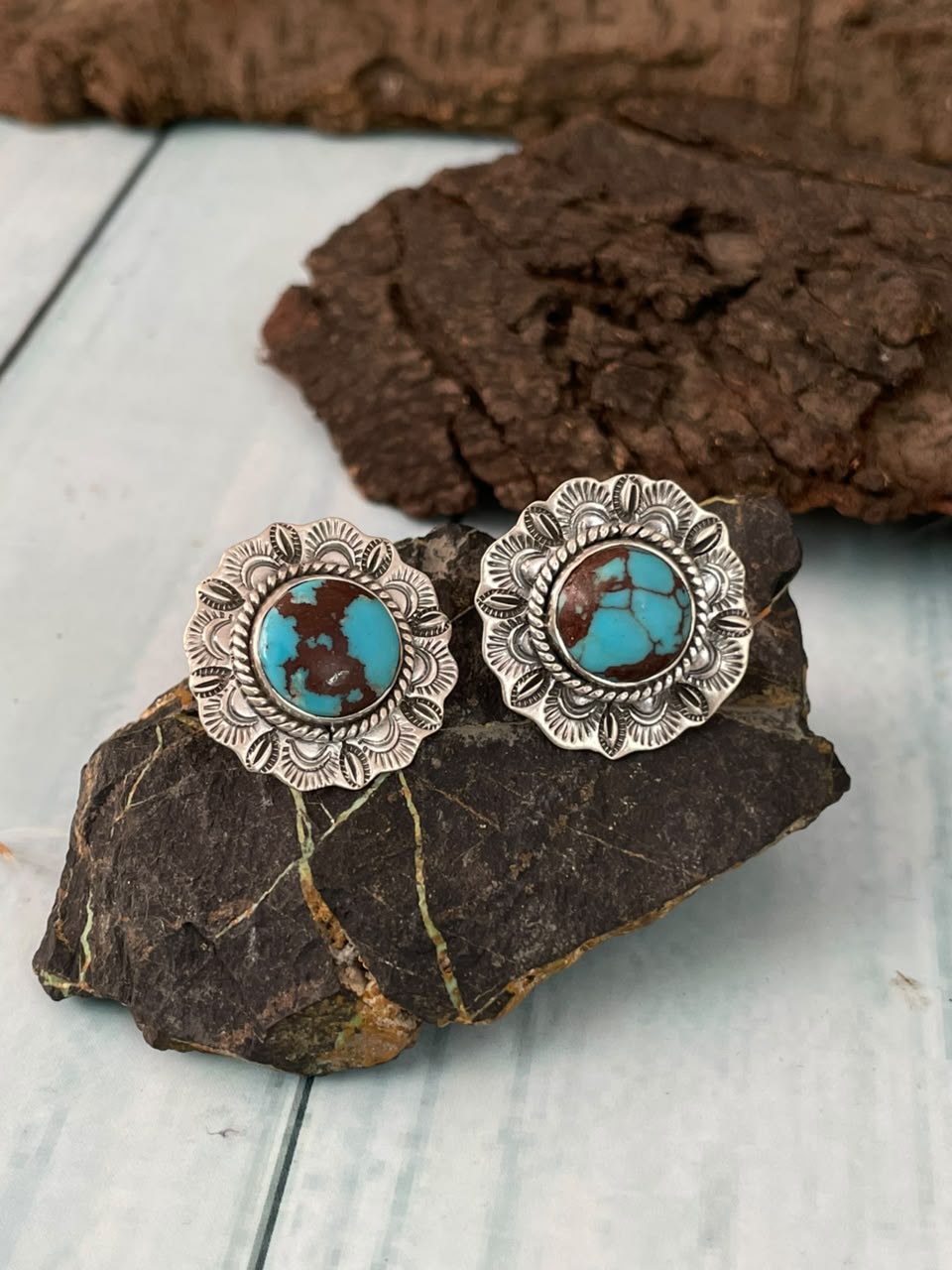 Handmade Sterling Silver Egyptian Turquoise Collection: Post Studs Earrings Signed Nizhoni