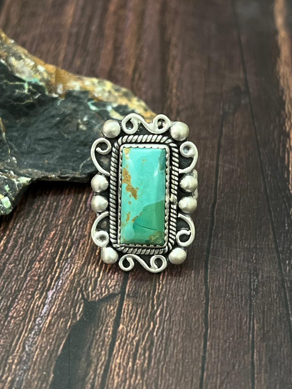 Handmade Sterling Silver Kingman Turquoise Adjustable Ring "Singed Nizhoni"
