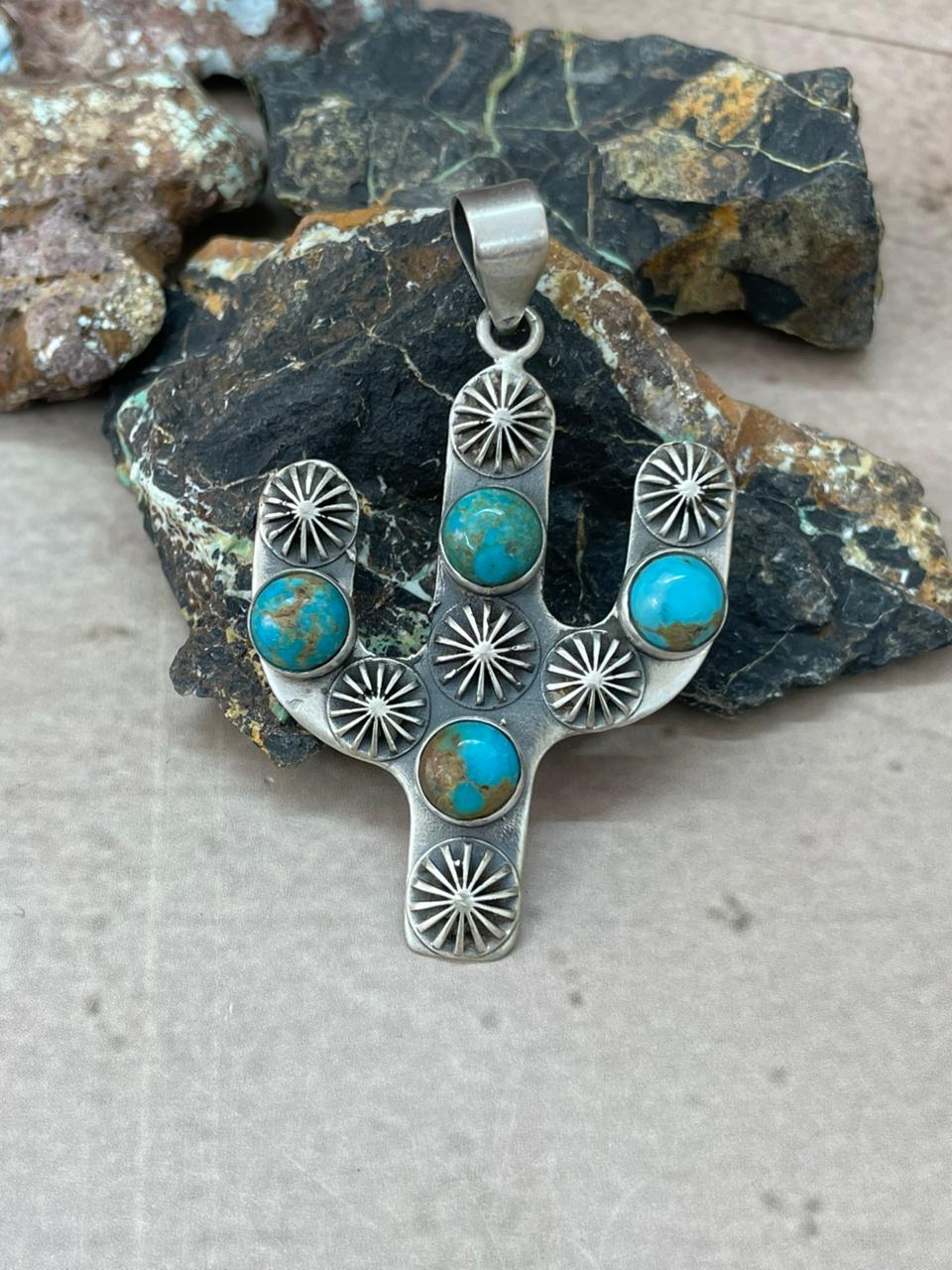 Handmade Sterling Silver Kingman Turquoise Cactus Pendant "Signed Nizhoni" (10)