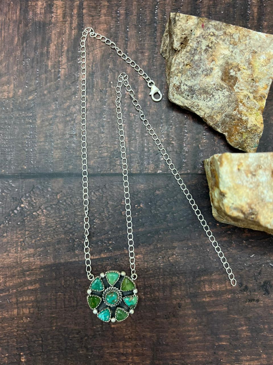 Handmade Sterling Silver Emerald Valley Turquoise Necklace "Signed Nizhoni"