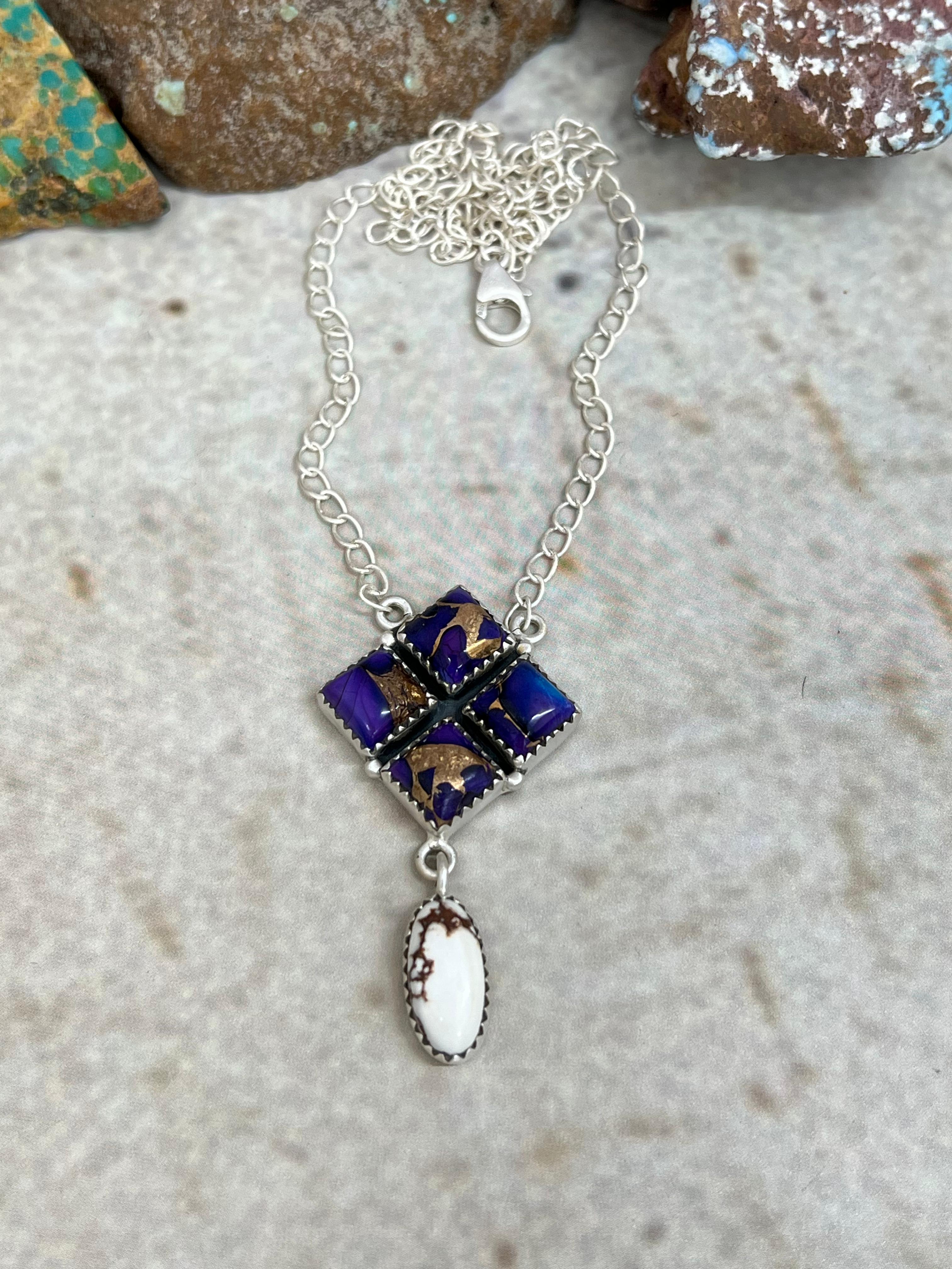 Handmade Sterling Silver Grape Dahlia with Wild Horse Necklace with Signed Nizhoni