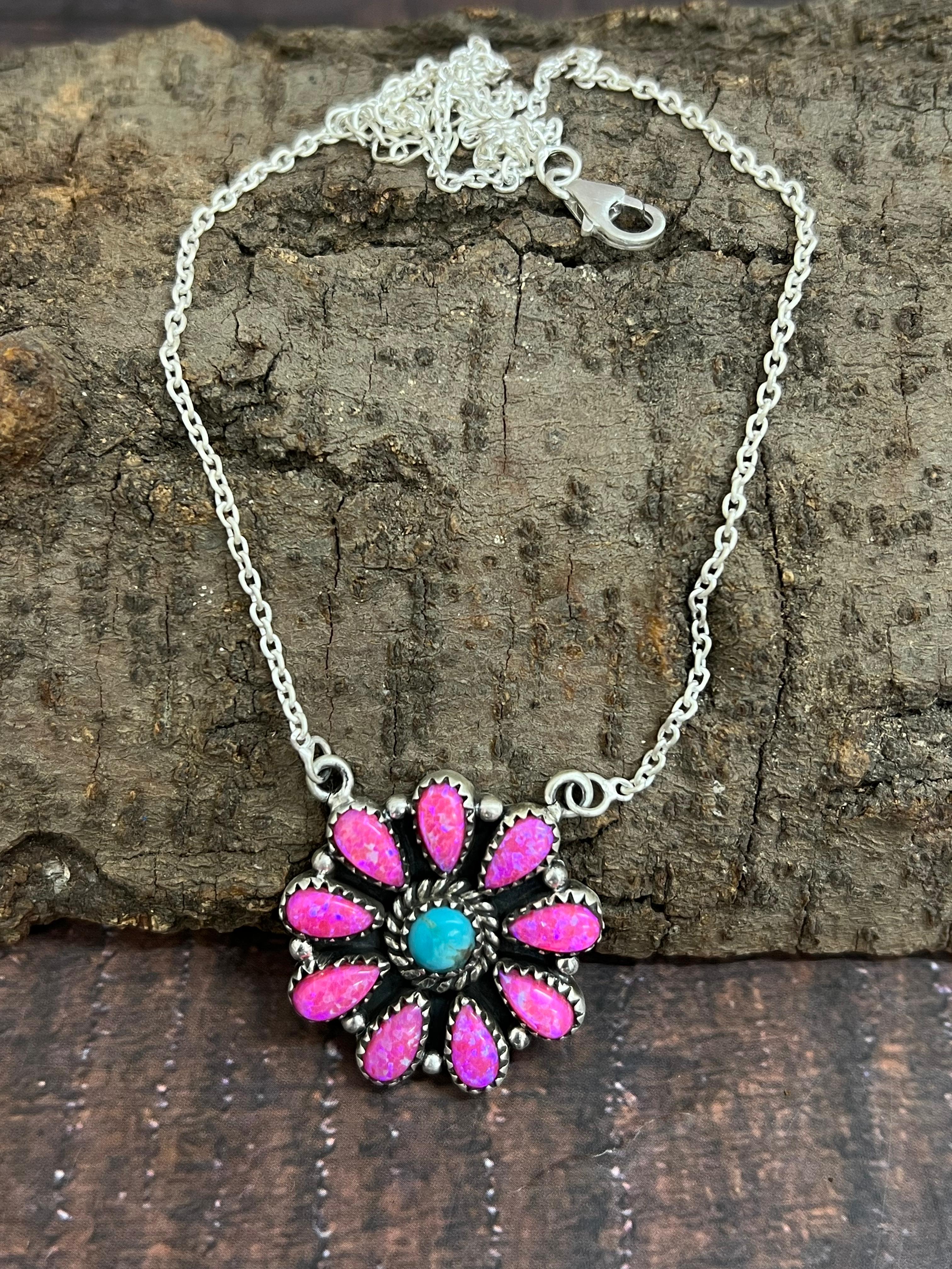 Handmade Sterling Silver Hot Pink with Kingman Turquoise Necklace, Signed Nizhoni