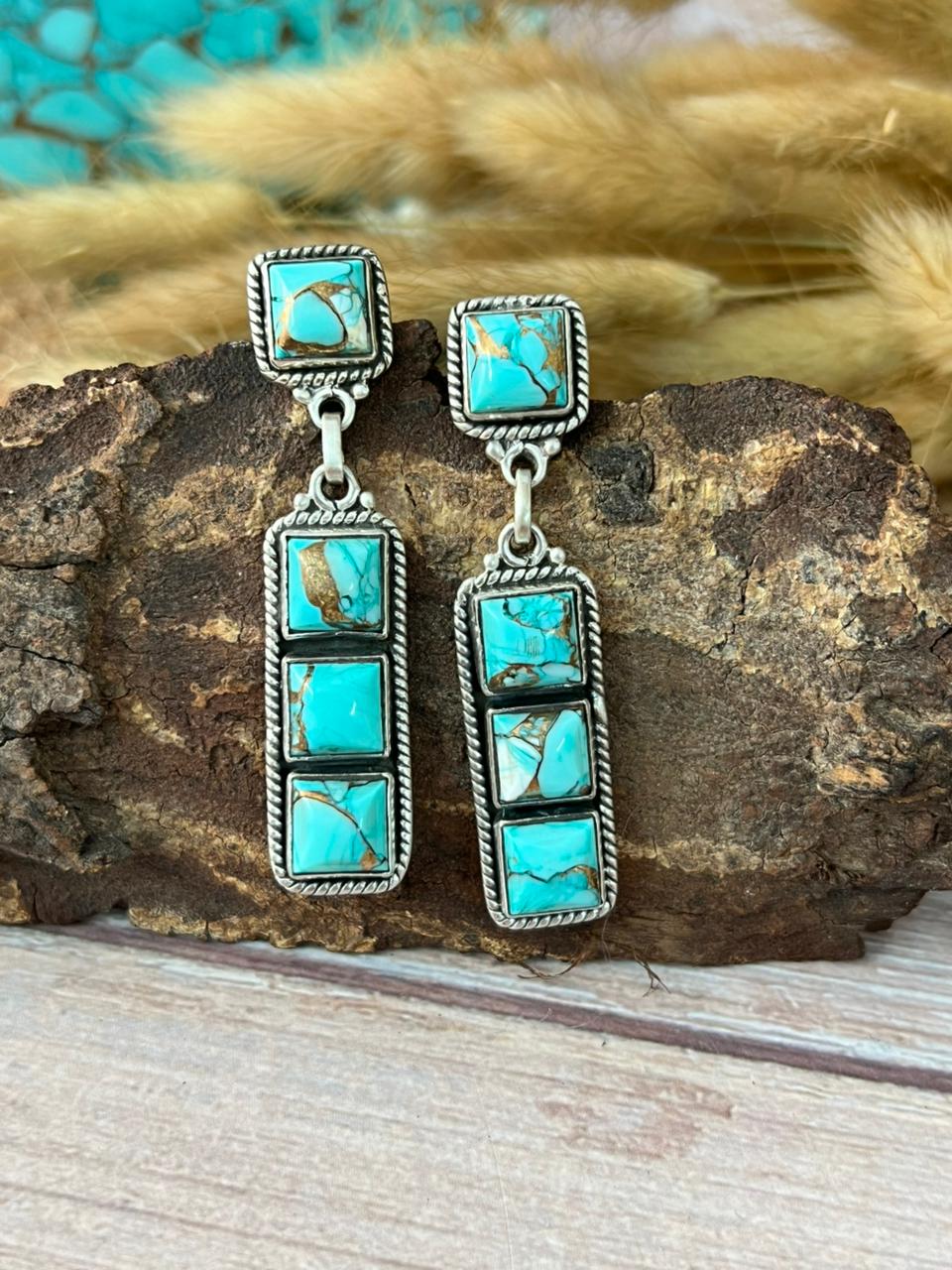 Handmade Sterling Silver Mint Dahlia Collection: Post Dangle Earrings "Signed Nizhoni"