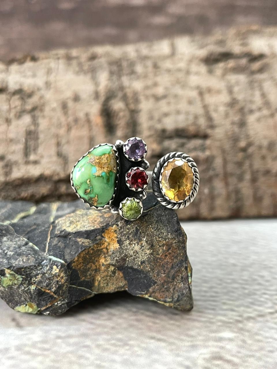 Handmade Sterling Silver Sonoran with Cut Stones Adjustable Ring "Signed Nizhoni"
