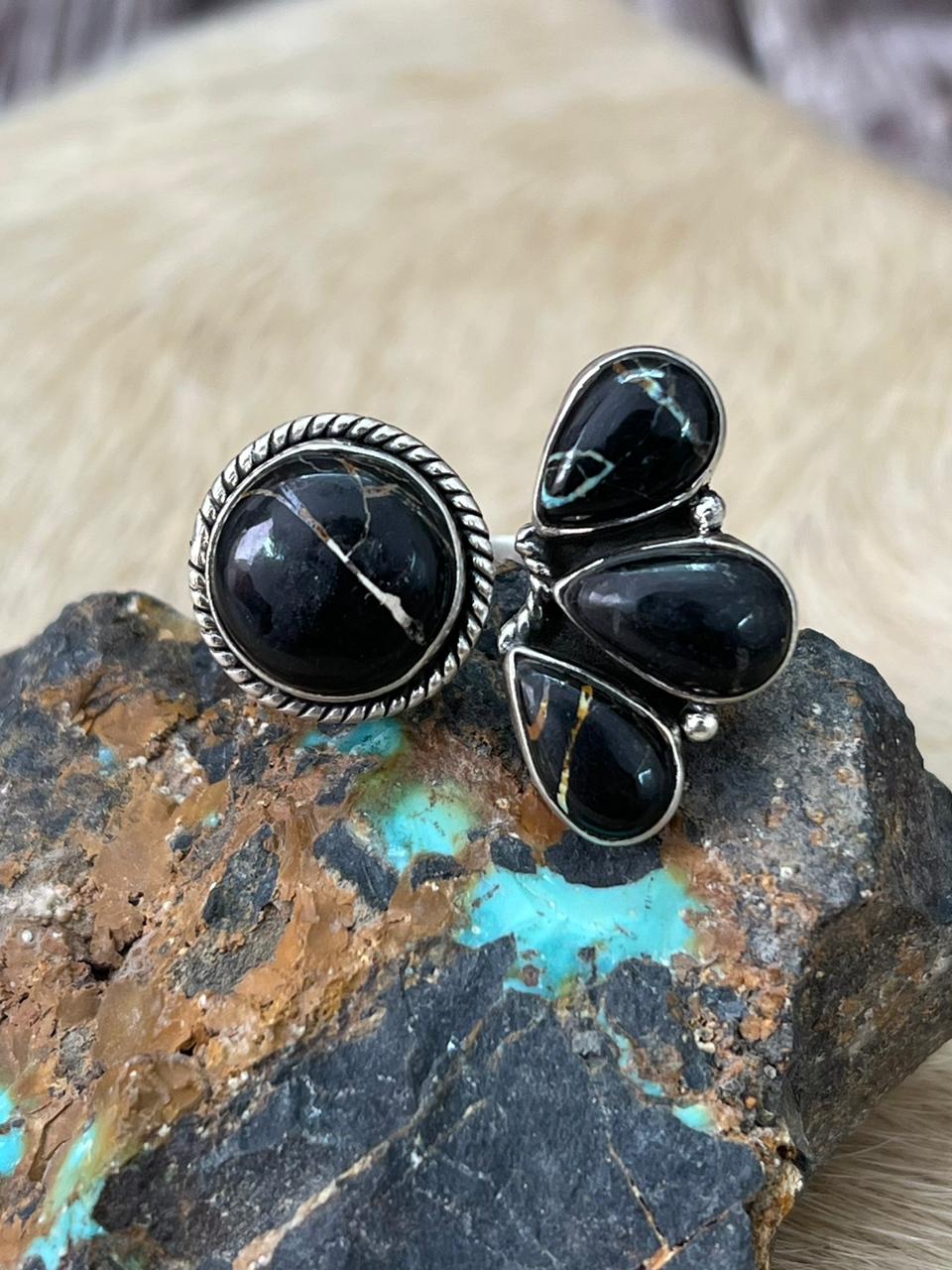 Handmade Sterling Silver Blackjack Turquoise Adjustable Ring "Signed Nizhoni"