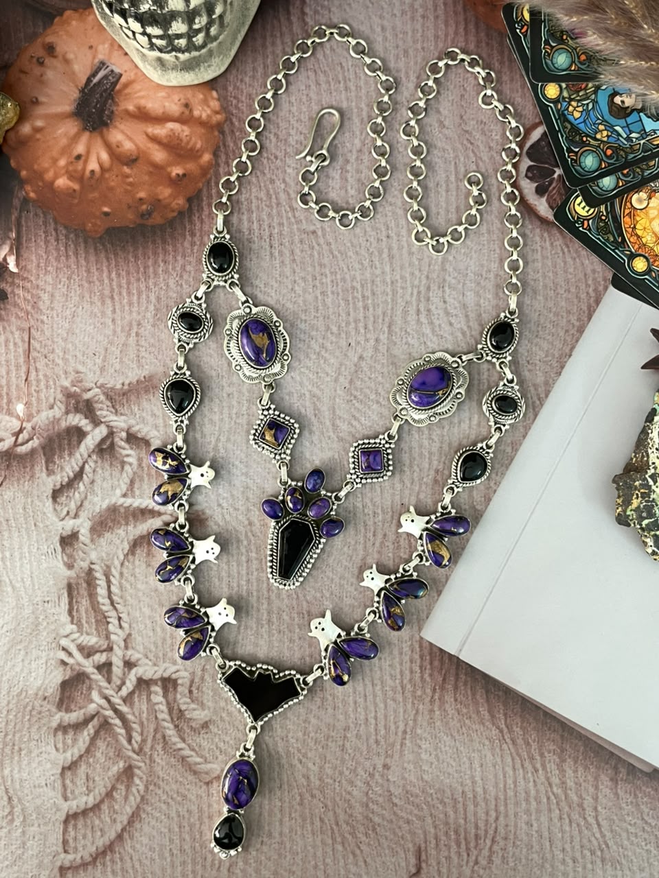 Handmade Sterling Silver Grape Dahlia with Black Onyx Halloween Collection: Layered Necklace Signed Nizhoni