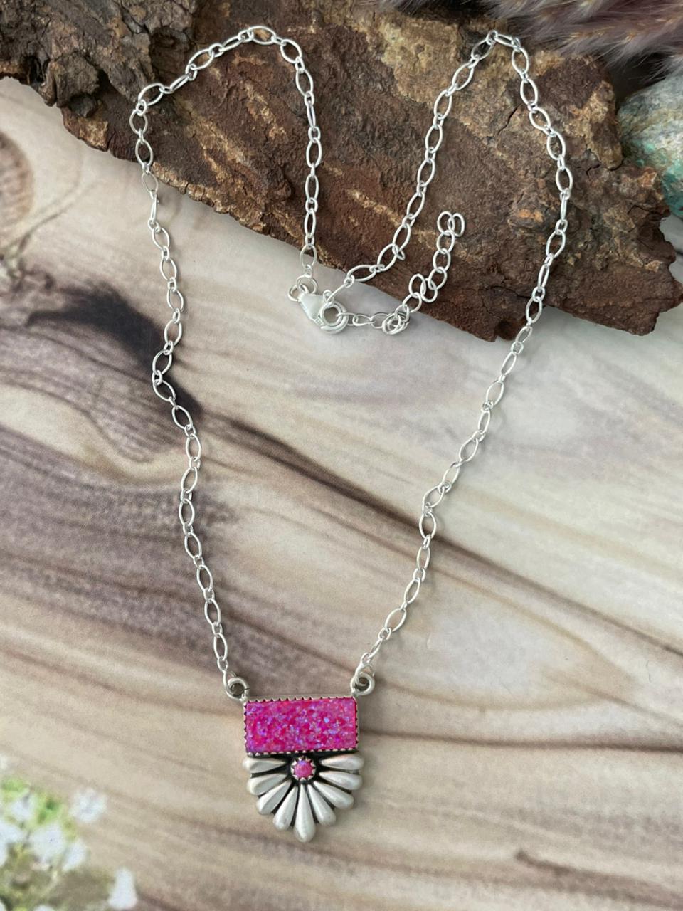 Handmade Sterling Silver Hot Pink Necklace Signed Nizhoni