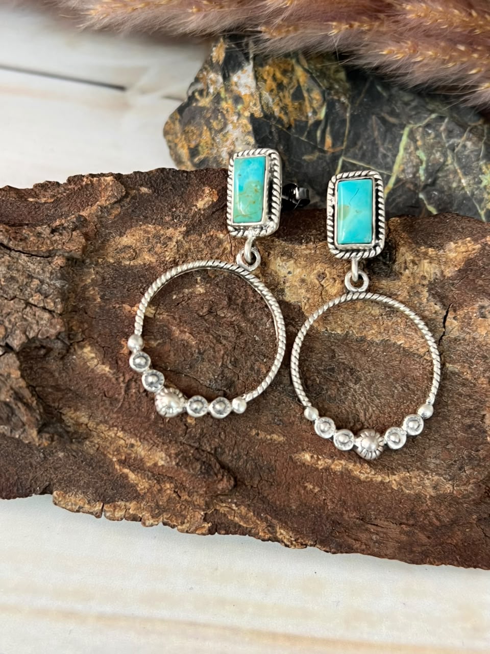 Handmade Sterling Silver Kingman Turquoise Post Dangle Earrings Signed Nizhoni