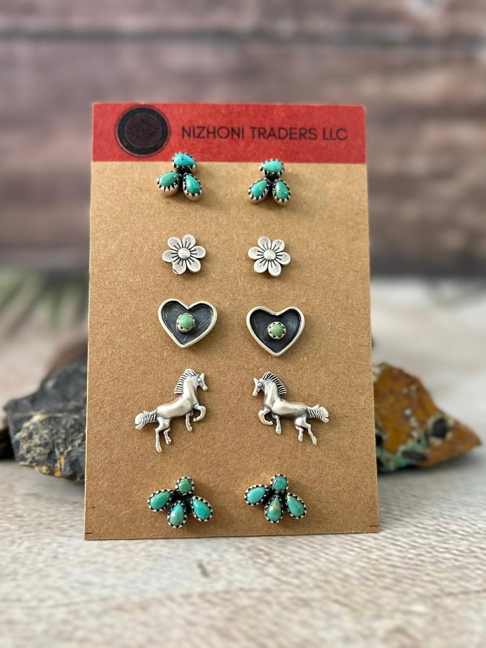 Handmade Sterling Silver Kingman Turquoise Post Studs Earrings Set