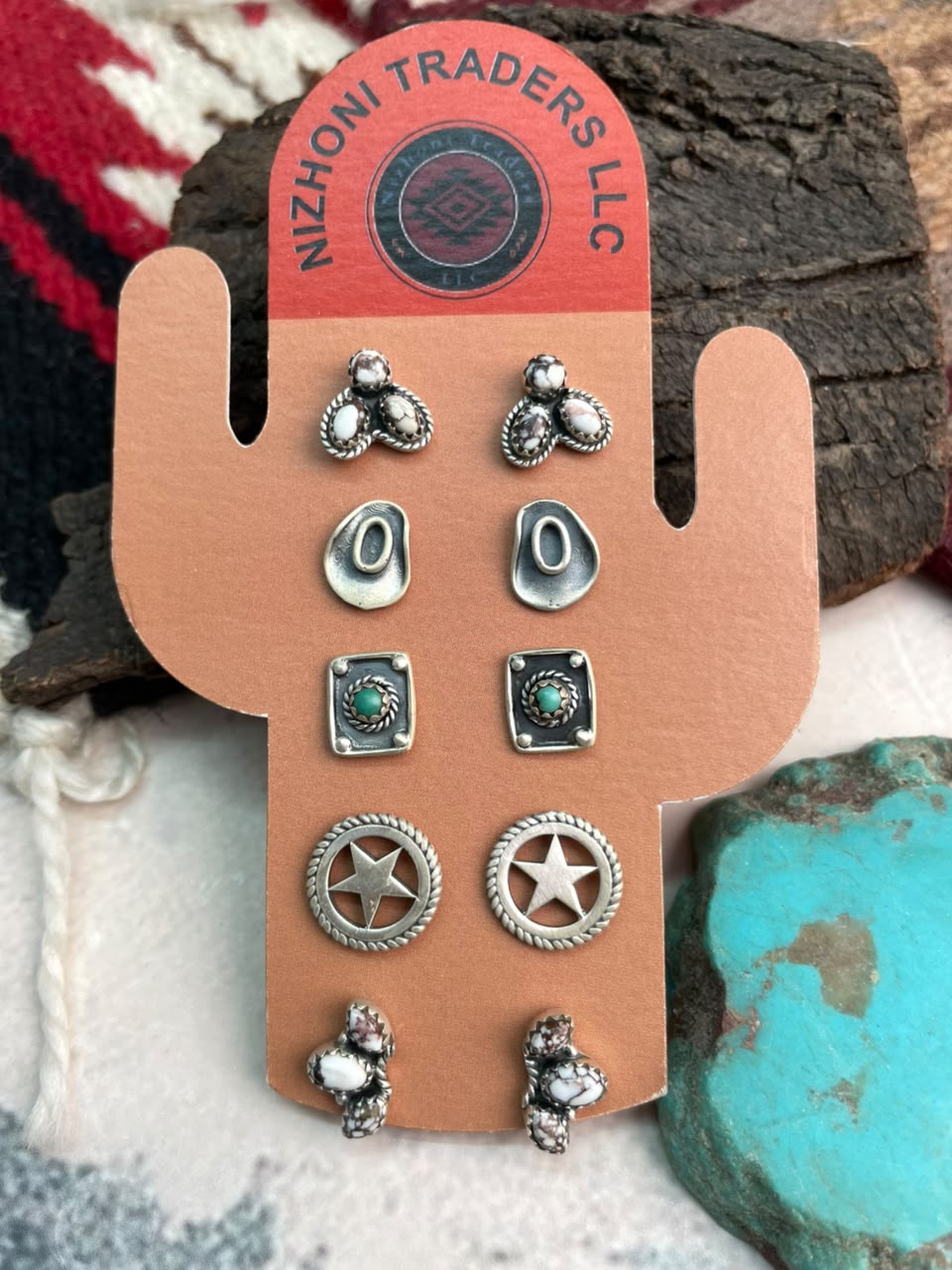 Handmade Sterling Silver Wildhorse Magnesite with Kingman Turquoise Post Studs Cards