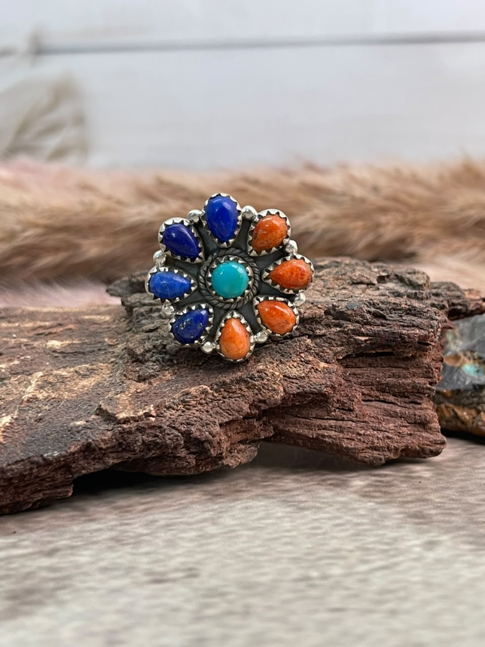 Handmade Sterling Silver Lapis with Orange Mojave and Kingman Turquoise Adjustable Ring Signed Nizhoni