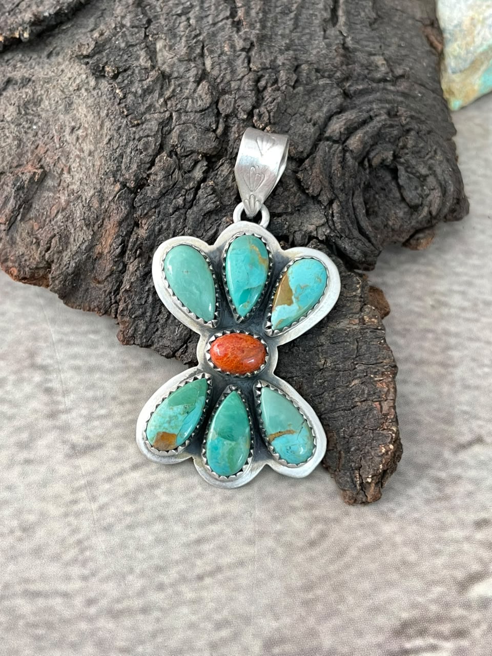 Handmade Sterling Silver Orange Mojave with Kingman Turquoise Pendant Signed Nizhoni