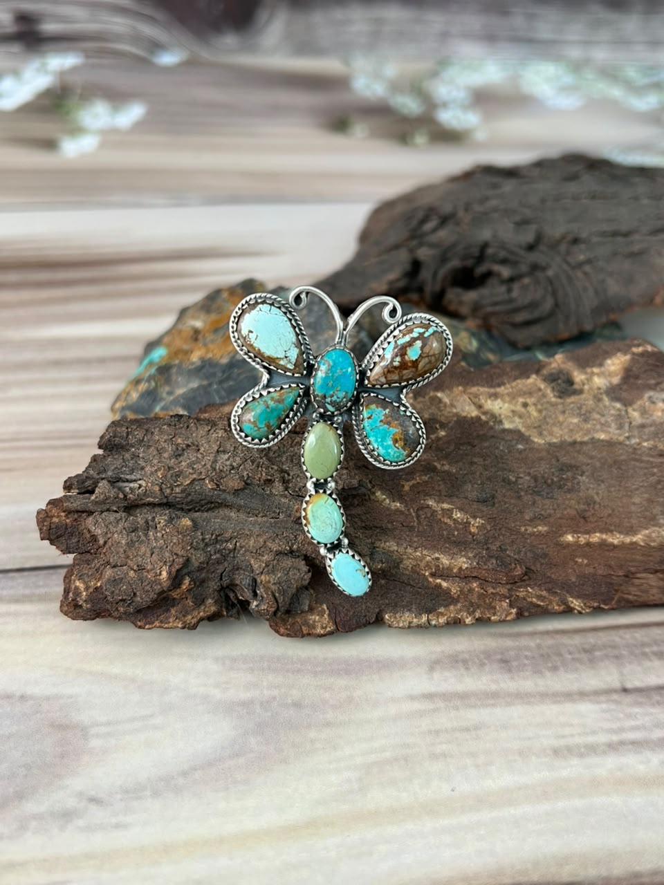 Handmade Sterling Silver Royston Turquoise Butterfly Adjustable Ring Signed Nizhoni