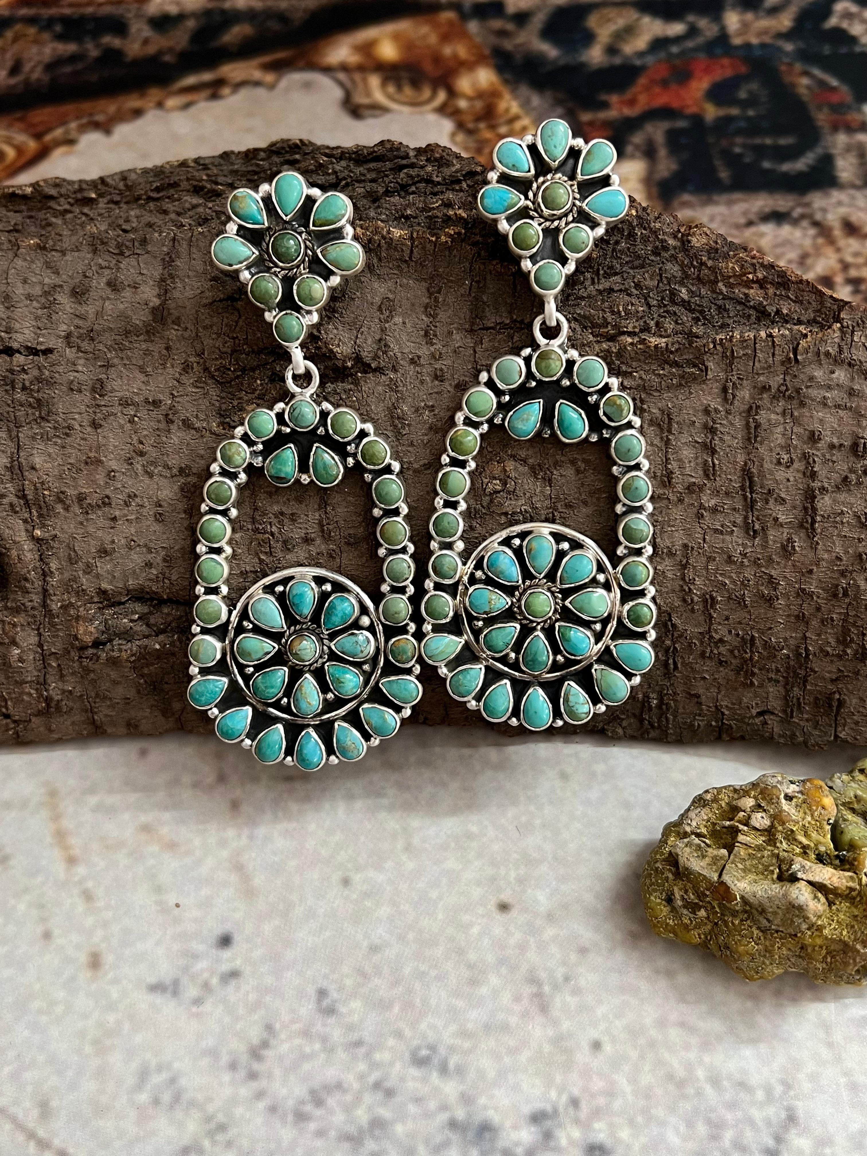 Handmade Sterling Silver Kingman Turquoise Post Dangle Earrings with Signed Nizhoni