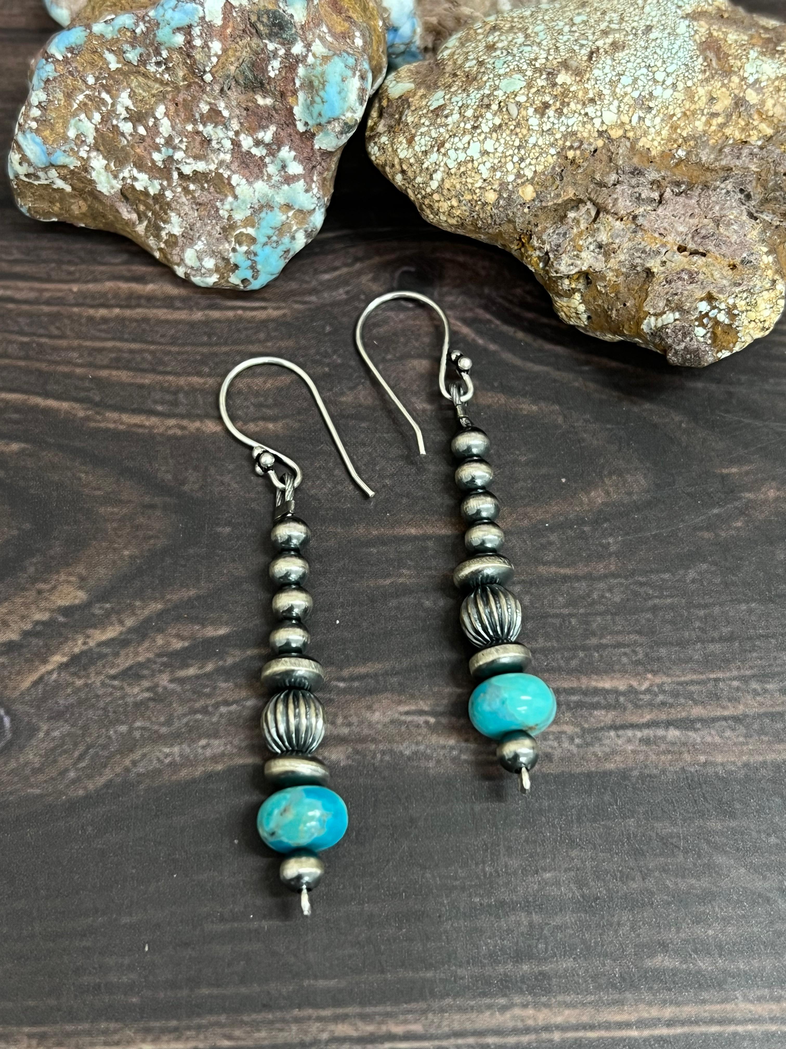Handmade Sterling Silver Kingman Turquoise Beaded Hook Earrings with Signed Nizhoni