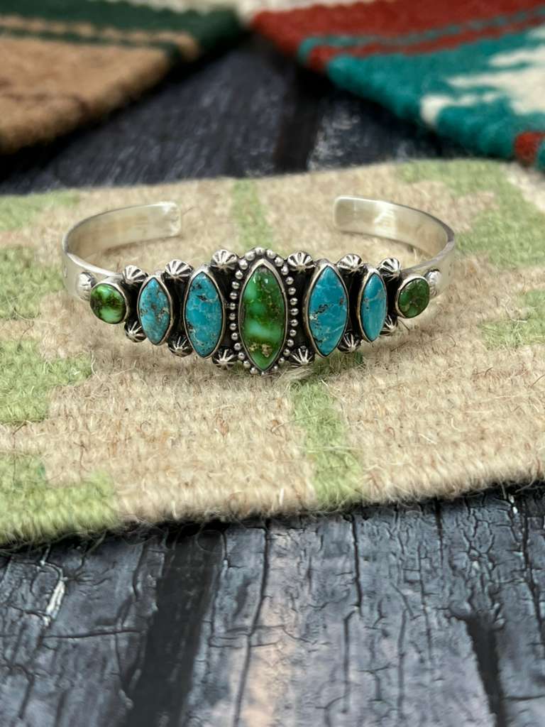 Handmade Sterling Silver Sonoran Mountain Turquoise with White Water Bracelet with Signed Nizhoni