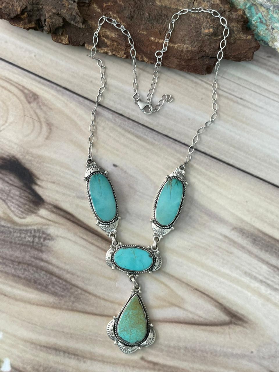 Handmade Sterling Silver Green Kingman Turquoise Collection: Necklace Signed Nizhoni