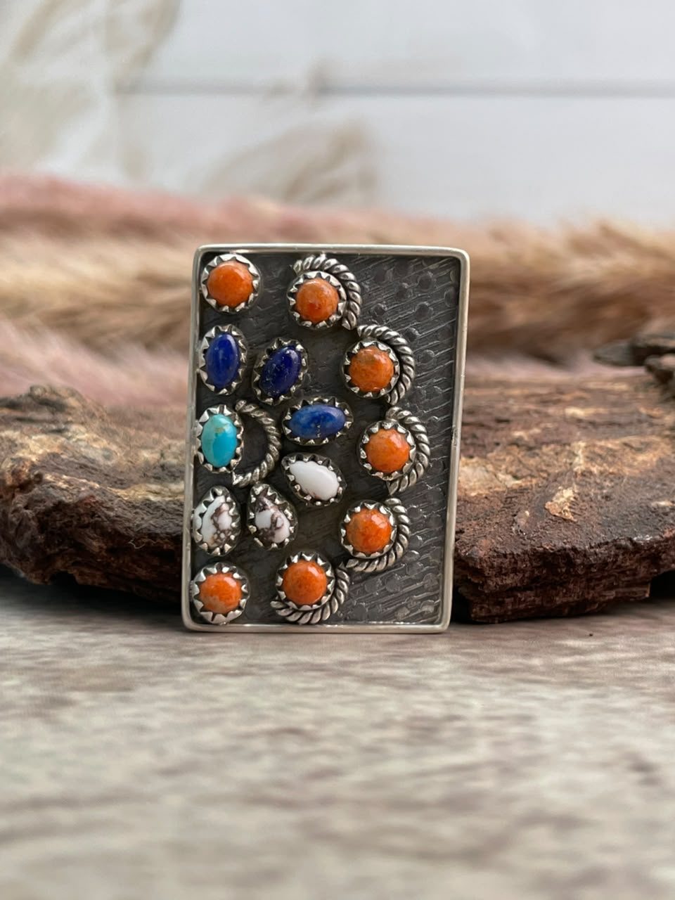 Handmade Sterling Silver Kingman Turquoise with Lapis, Orange Mojave and Wildhorse Magnesite Adjustable Ring Signed Nizhoni